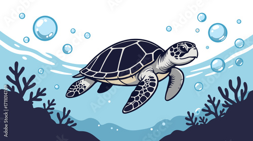 Sea turtle swimming in underwater scene with coral and bubbles  