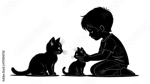 Boy interacting with two kittens in playful silhouette design  