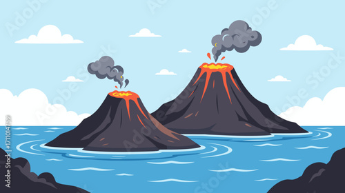 Cartoon volcanic islands emitting smoke and lava in the ocean  