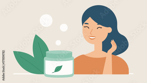 Botanical Bliss A jar filled with natural cream p next to a woman applying it to her highlighting the process of firming as the skin appears visibly more tight and youthful.