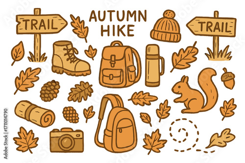 Autumn Hiking Doodles. Autumn hike: hand drawn doodles of trail signs, forest boots, leaves, backpacks, thermoses, beanies,
