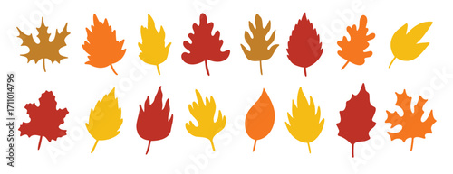 silhouette autumn leaves, yellow, orange and red herbal elements. fall simple leaves. silhouettes of autumn botanical flat isolated leaves
