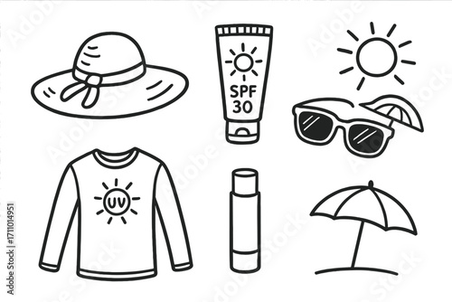 Sun Protection Doodles. Sun protection travel: hand drawn doodles of wide hat, sun lotion, sunglasses, UV shirt, lip balm, and
