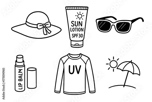 Sun Protection Doodles. Sun protection travel: hand drawn doodles of wide hat, sun lotion, sunglasses, UV shirt, lip balm, and