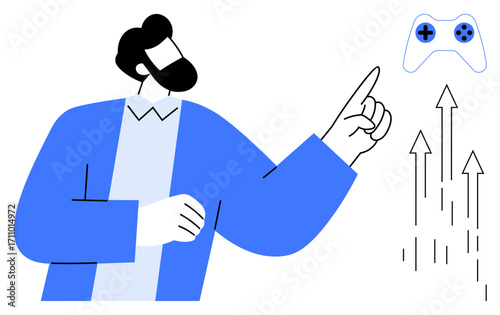 Man gesturing towards a floating game controller with multiple upward arrows. Ideal for gaming growth, career advancement, innovation, e-sports, gamification, motivation, simple flat metaphor