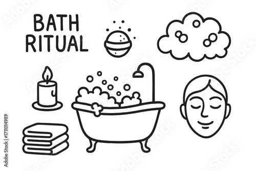 Bath Ritual Doodles. Bath ritual: hand drawn doodles of bath tub, bath bomb, candle, bubble cloud, towel stack, and relaxed face.