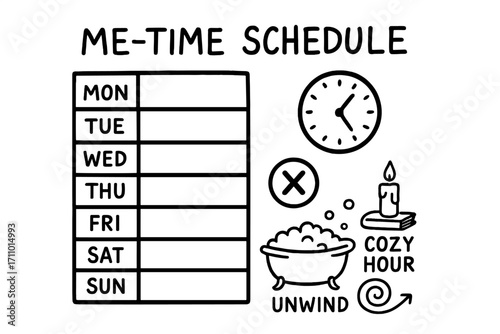 Weekly Relaxation Doodles. Me-time schedule: hand drawn doodles of weekly grid, clock icon, cancel sign, bubble bath, cozy hour,