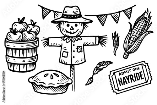 Harvest Festival Doodles. Harvest festival: hand drawn doodles of apple barrel, scarecrow, bunting flags, roasted corn, pie, and