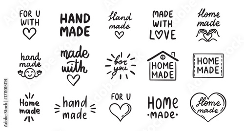 vintage old style hand made and made with love labels writings set. Hand drawn doodle outline drawing hand made line clipart symbol