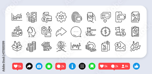 Financial goal, Inspect and Cash back line icons pack. Social media: share, comment, like icons. Report document, Tax documents, Report web icon. Vector