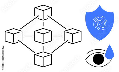 Linked cubes for blockchain structure, blue shield with fingerprint for secure authentication, and eye with droplet for data transparency. Ideal for cybersecurity, privacy, authentication