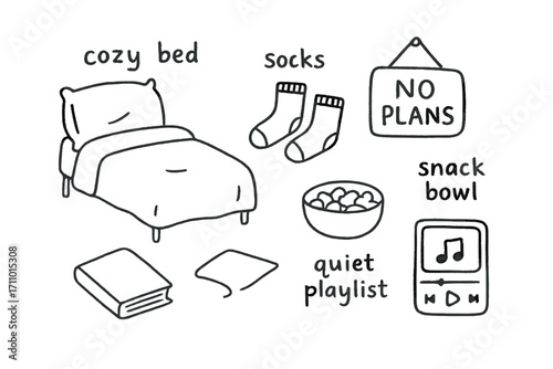Lazy Day Essentials. Lazy day rituals: hand drawn doodles of cozy bed, socks, book, snack bowl, no plans sign, and quiet playlist.