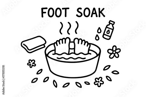 Relaxing Foot Soak. Foot soak moment: hand drawn doodles of basin, warm steam, essential oil drops, towel, relaxed toes, and