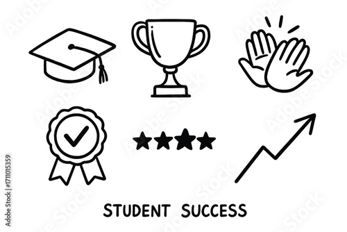 Student Achievement Symbols. Student success: hand drawn doodles of graduation hat, trophy, high five icon, completion badge, star