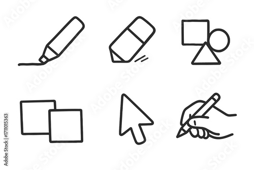 Whiteboard Doodles. Online whiteboard: hand drawn doodles of marker line, eraser icon, shapes tool, sticky notes, arrow pointer,