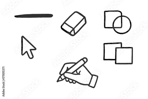 Whiteboard Doodles. Online whiteboard: hand drawn doodles of marker line, eraser icon, shapes tool, sticky notes, arrow pointer,