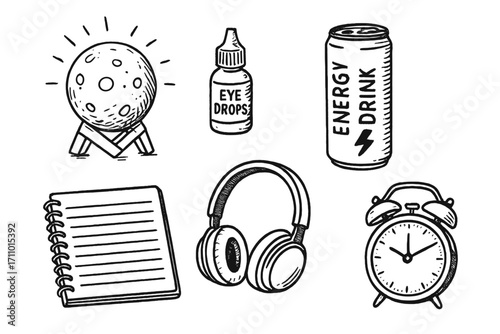 Night Study Essentials. Night study mode: hand drawn doodles of moonlight lamp, eye drops, energy drink, notebook, quiet