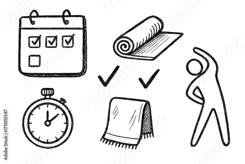 Fitness Routine Doodles. Fitness routine: hand drawn doodles of calendar, workout mat, checkmarks, timer, towel, and morning