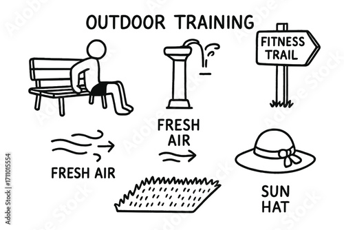 Park Workout Essentials. Outdoor training: hand drawn doodles of park bench workout, water fountain, fitness trail, fresh air icon