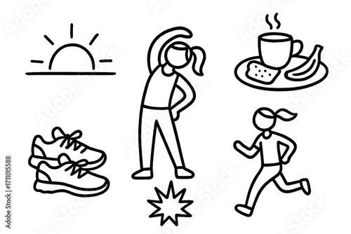 Morning Workout Doodles. Morning workout: hand drawn doodles of sunrise icon, stretch pose, light breakfast, sneakers, light jog,