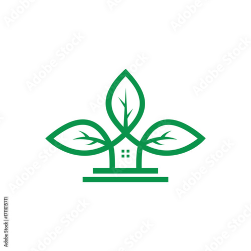 Green logo featuring a house with leaves, symbolizing nature and sustainable living.