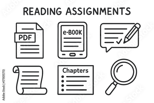 Reading Essentials Illustrations. Reading assignments: hand drawn doodles of PDF file, e-book reader, annotation tool, scroll page