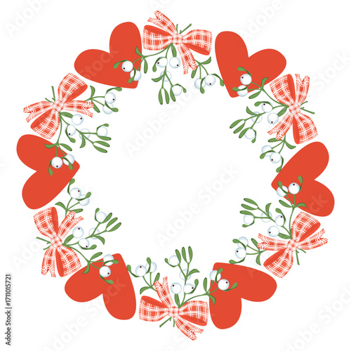 Mistletoe frame with hearts and bow. Romantic border from bouquet of plants tied with a checkered ribbon. Botanical composition with copy space. Red, green and white colors. Vector design.