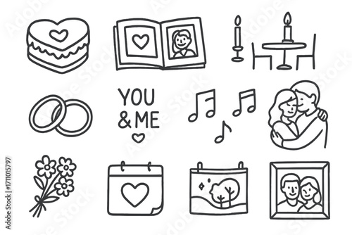 Romantic Celebration Icons. Anniversary celebration doodle icon set: hand drawn icons of heart-shaped cake, photo album, champagne