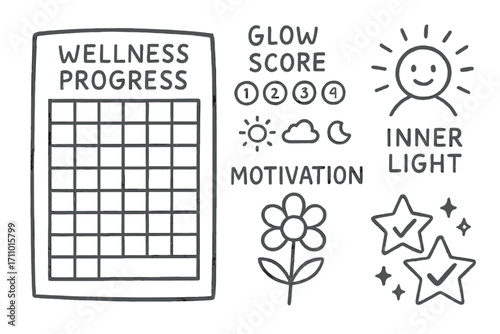 Wellness Progress Doodles. Wellness progress: hand drawn doodles of tracker sheet, glow score, day icons, motivation flower, inner