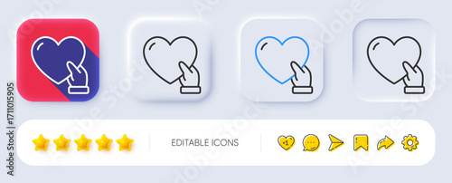 Volunteer care line icon. Neumorphic, Flat shadow, 3d buttons. Helping hand sign. Donation symbol. Line volunteer icon. Social media icons. Vector