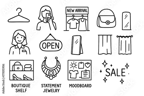 Fashion Boutique Icons. Fashion boutique doodle icon set: hand drawn icons of clothes hanger, mirror selfie, new arrival rack,
