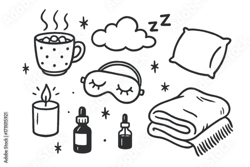Cozy Winter Essentials. Winter bedtime doodle set: hand drawn icons for hot cocoa, soft blankets, and sleep prep, isolated