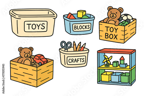 Playroom Storage Icons. Playroom storage doodle set: hand drawn icons for labeled bins, toy boxes, and colorful shelves, isolated