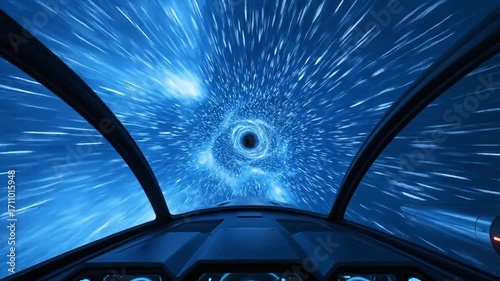 Journey through a swirling blue wormhole towards a black hole, an epic space exploration.