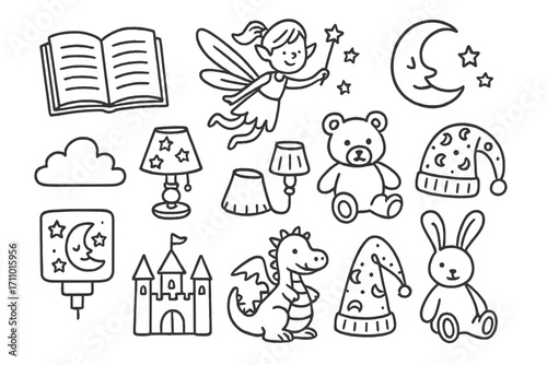 Bedtime Doodle Icons. Children’s bedtime book doodle set: hand drawn icons for fairy tales, nightlights, and stuffed animals,