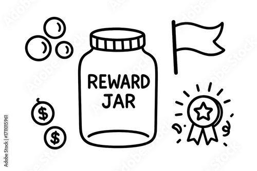 Kids Reward Doodle. Kids reward jar doodle set: hand drawn icons for marbles, coins, goals, and celebration tokens, isolated