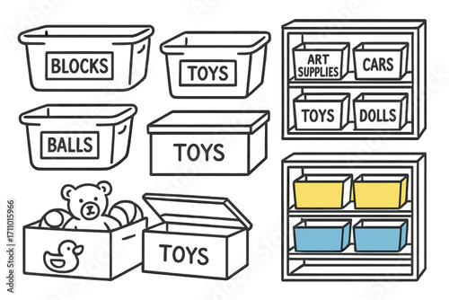 Playroom Storage Icons. Playroom storage doodle set: hand drawn icons for labeled bins, toy boxes, and colorful shelves, isolated