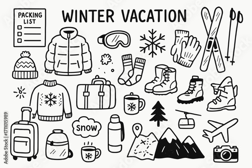 Winter Travel Essentials. Winter vacation prep doodle set: hand drawn icons for packing lists, snow gear, and destination plans,