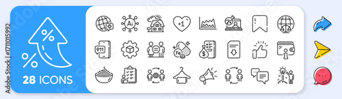 Trade chart, Wallet and Creative idea line icons. Interest rate, AI generate, Inflation icons. Pack of Download file, Dots message, Magistrates court icon. Iron, Money, Workflow pictogram. Vector