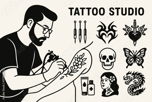Tattoo Studio Essentials. Horizontal vector banner featuring tattoo artist working and comprehensive tattoo studio icon set for