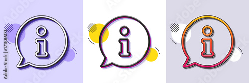 Information line icon. Halftone dotted pattern. Gradient icon with grain shadow. Info speech bubble sign. Help inform symbol. Line info icon. Various designs. Vector