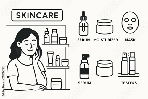 Skincare Counter Products. Horizontal vector banner featuring woman at skincare counter and comprehensive beauty product icon set