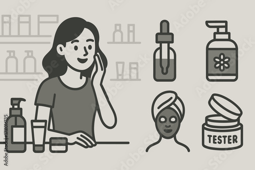 Skincare Counter Products. Horizontal vector banner featuring woman at skincare counter and comprehensive beauty product icon set