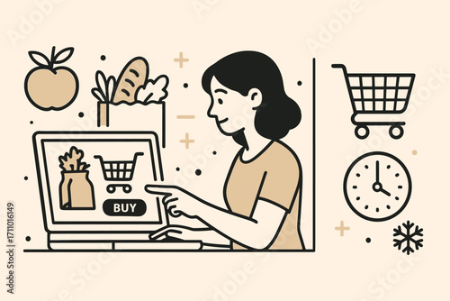 Online Grocery Shopping. Horizontal vector banner featuring woman buying groceries online and comprehensive food delivery icon set