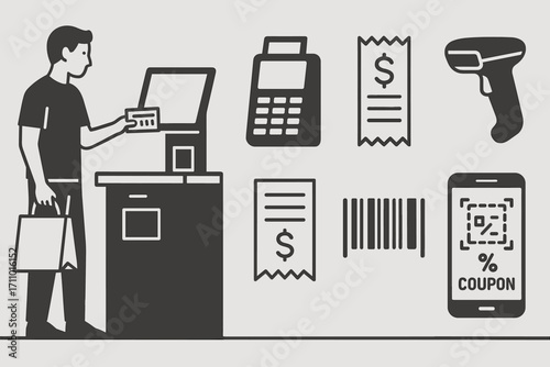 Self-Checkout Retail Technology. Horizontal vector banner featuring man at self-checkout kiosk and comprehensive retail tech icon