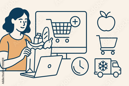 Online Grocery Shopping. Horizontal vector banner featuring woman buying groceries online and comprehensive food delivery icon set