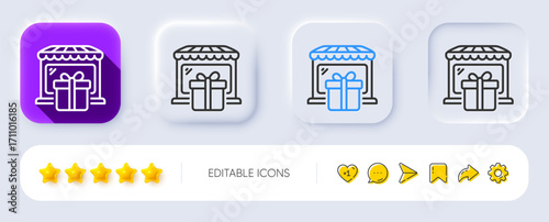 Gift shop line icon. Neumorphic, Flat shadow, 3d buttons. Souvenirs market sign. Retail marketplace symbol. Line gift shop icon. Social media icons. Vector