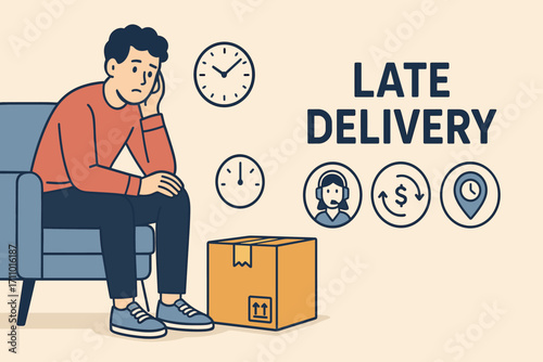 Late Delivery Support. Horizontal vector banner featuring customer waiting for late delivery and comprehensive support icon set