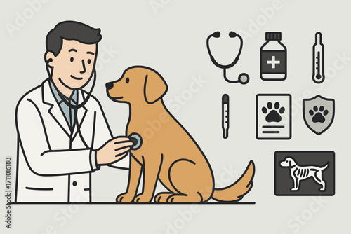 Veterinary Checkup Essentials. Horizontal vector banner showing vet examining a dog and comprehensive veterinary icon set for