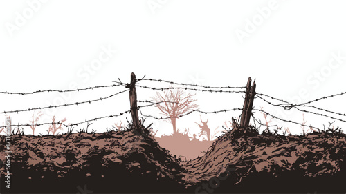 Ethereal Silhouette of Barbed Wire and Wooden Stake Outdoors
